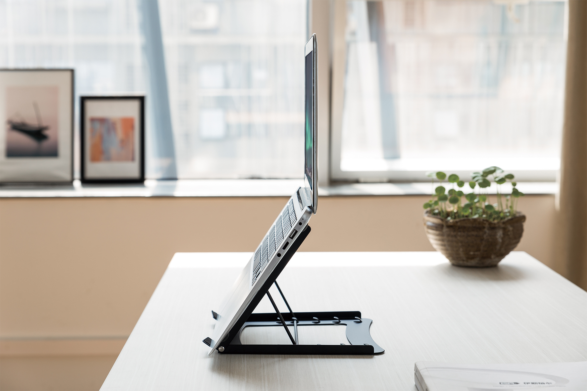 laptop, tisch, ständer, arbeitsplatz, pflanze