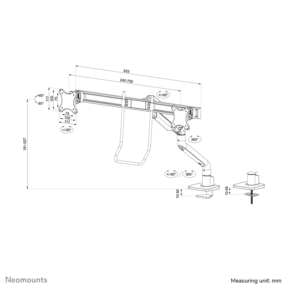 Neomounts Select Desk Mount double display crossbar topfix clamp