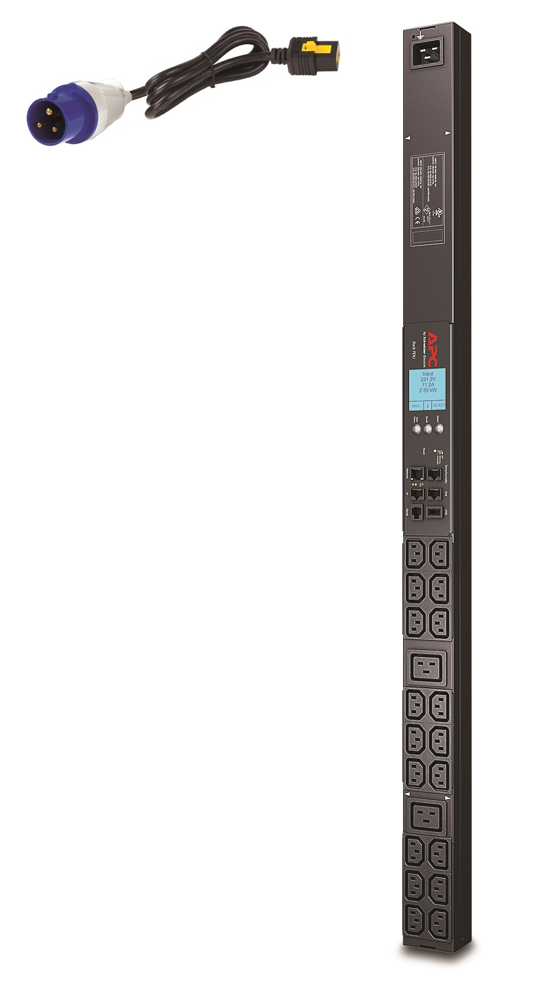 APC AP8858EU3 - Rack PDU 2G, Metered, ZeroU, 16A, 230V, (18) C13 & (2) C19, IEC309 Cord APC AP8858EU3 - Rack PDU 2G, Metered, ZeroU, 16A, 230V, (18) C13 & (2) C19, IEC309 Cord