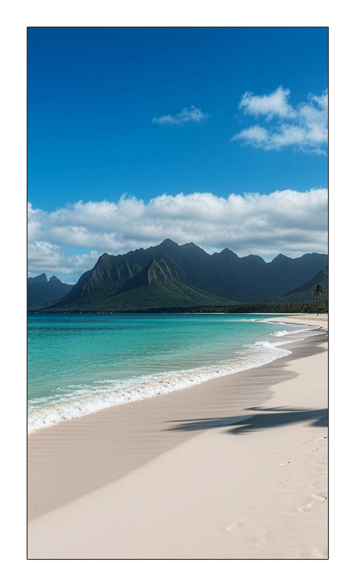 strand, meer, palmen, berge, sonne