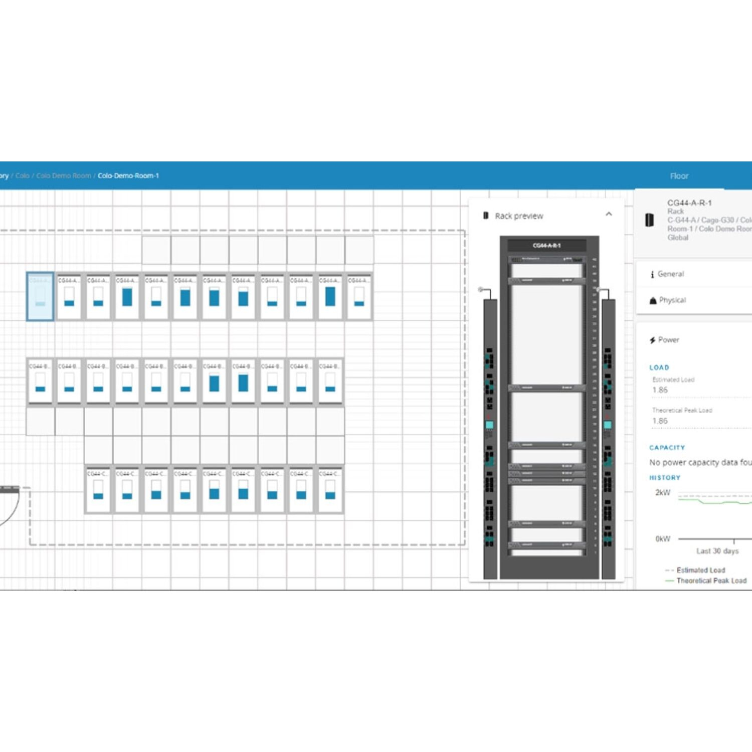Serverrack, Rackserver, Datenzentrum, Schrank, blaue Akzente