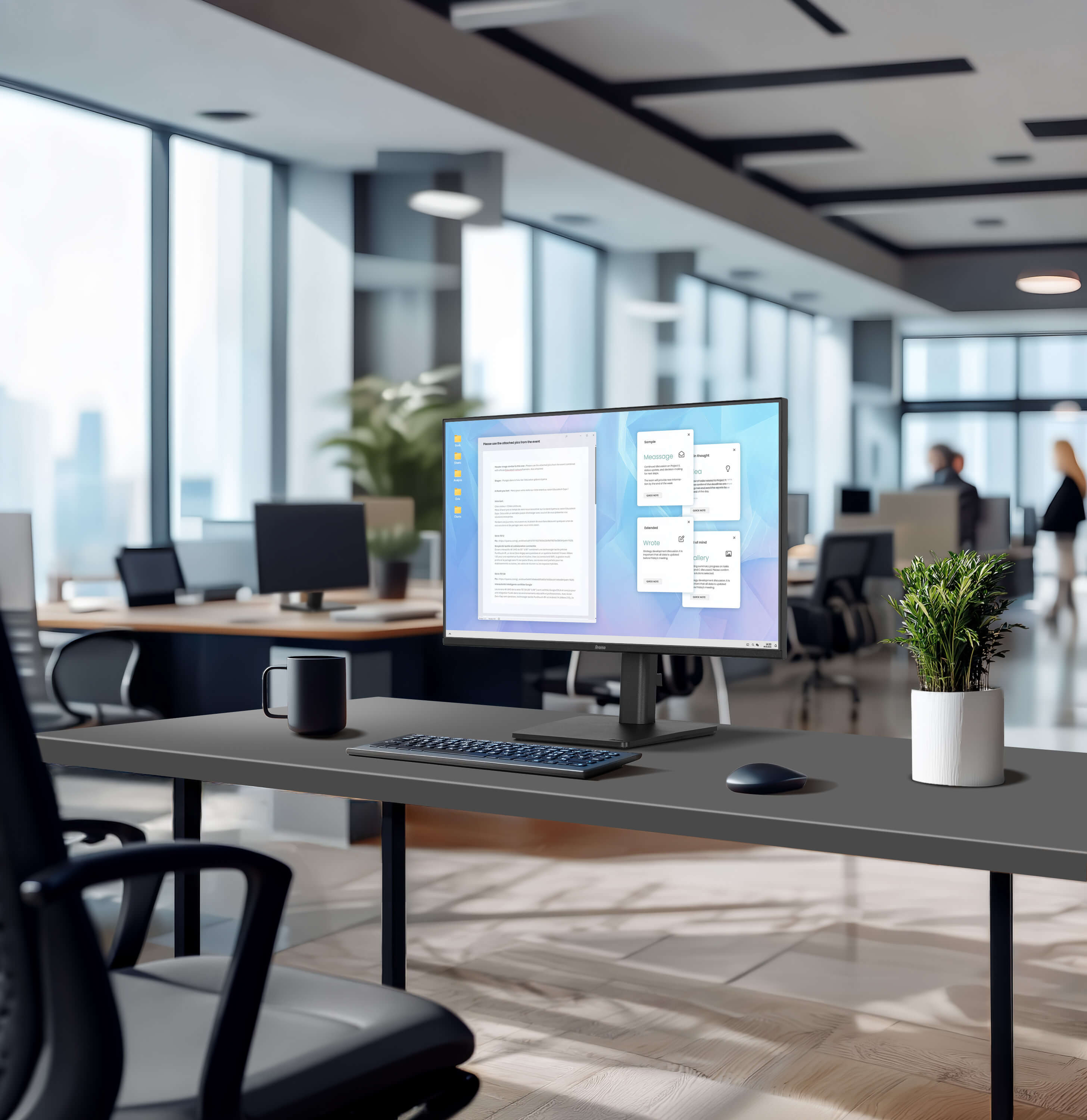 computer monitor, office desk, USB keyboard, mouse, potted plant