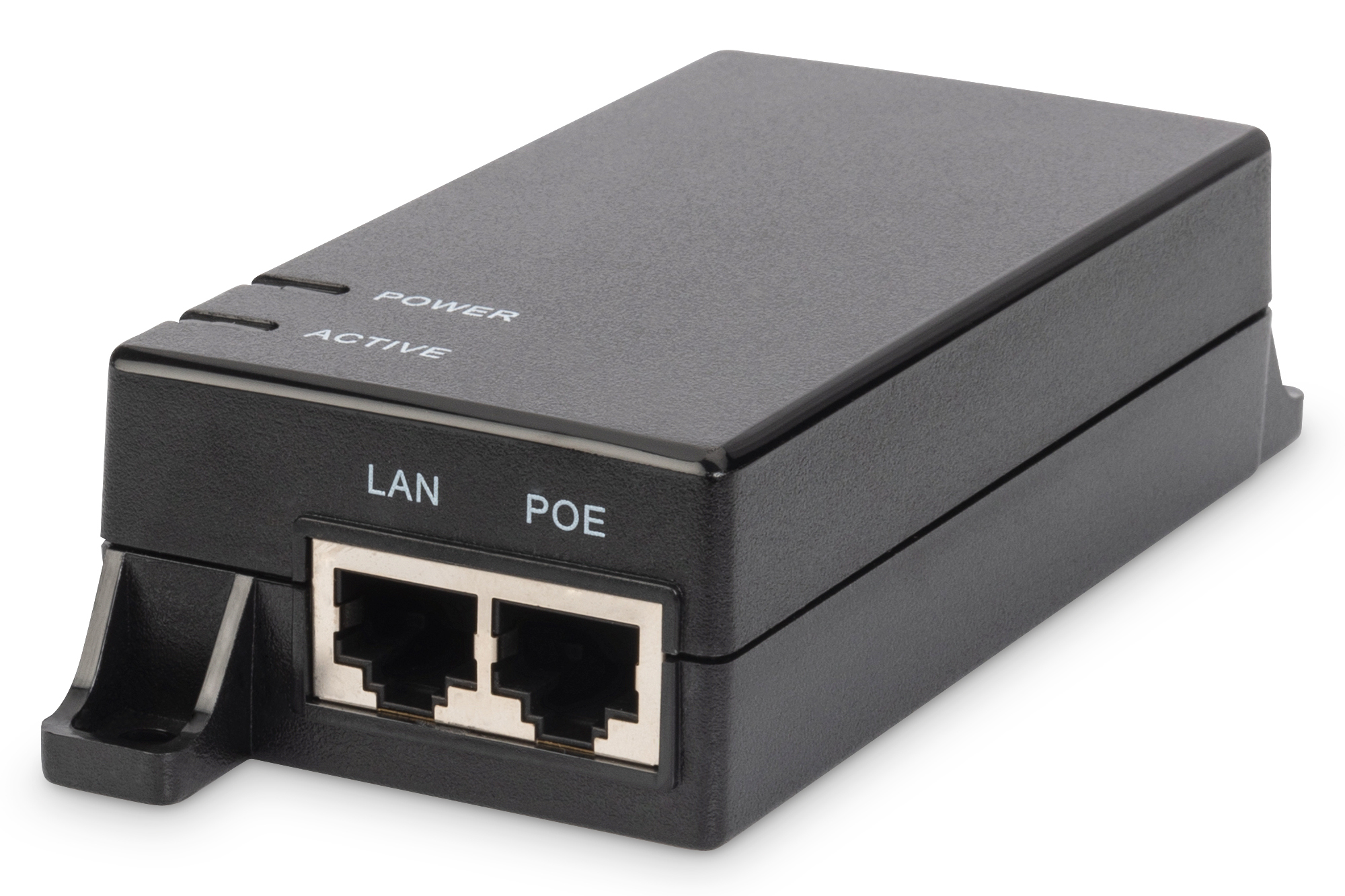 PoE-Injektor, LAN-Anschlüsse, Ethernet, schwarzes Gehäuse, Statusanzeigen