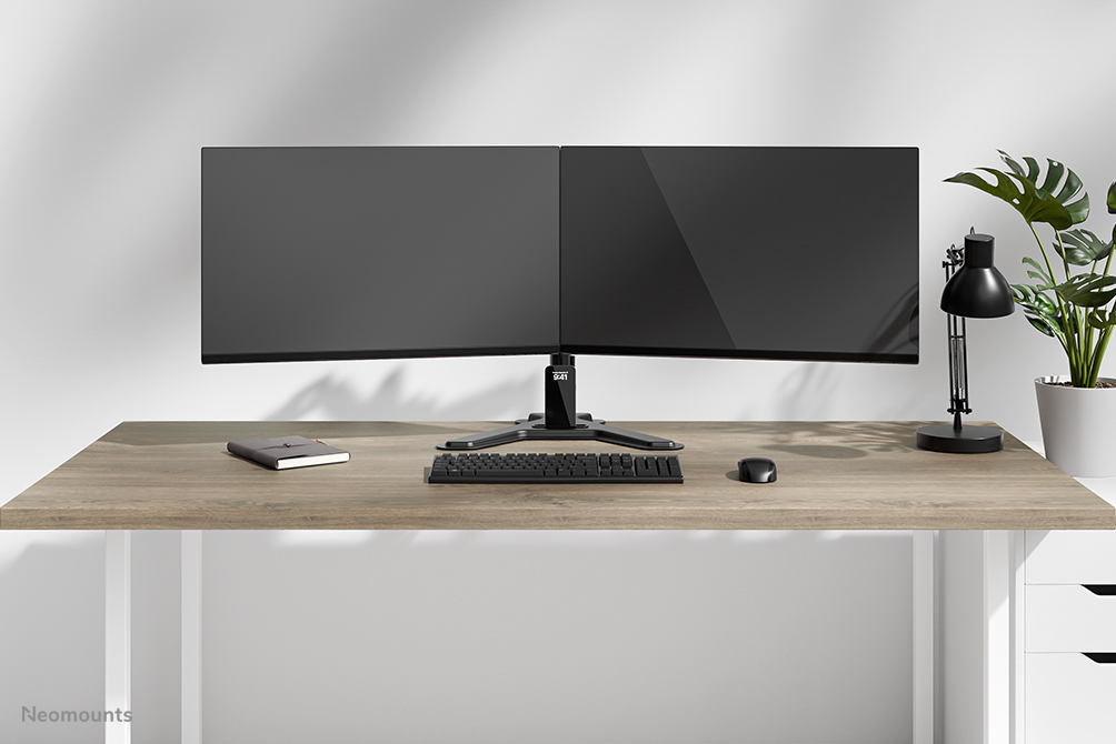 monitor, dual monitor, desk setup, keyboard, lamp