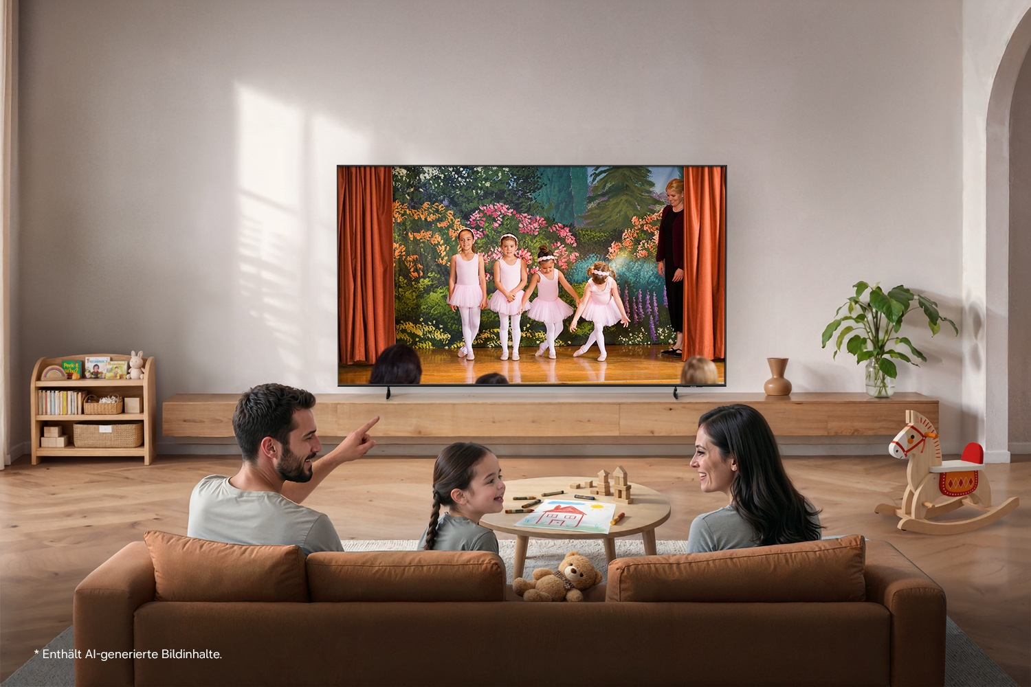Fernseher, Wohnzimmer, Kinder schauen Fernsehen, Bücherecke, Spielzeug im Raum