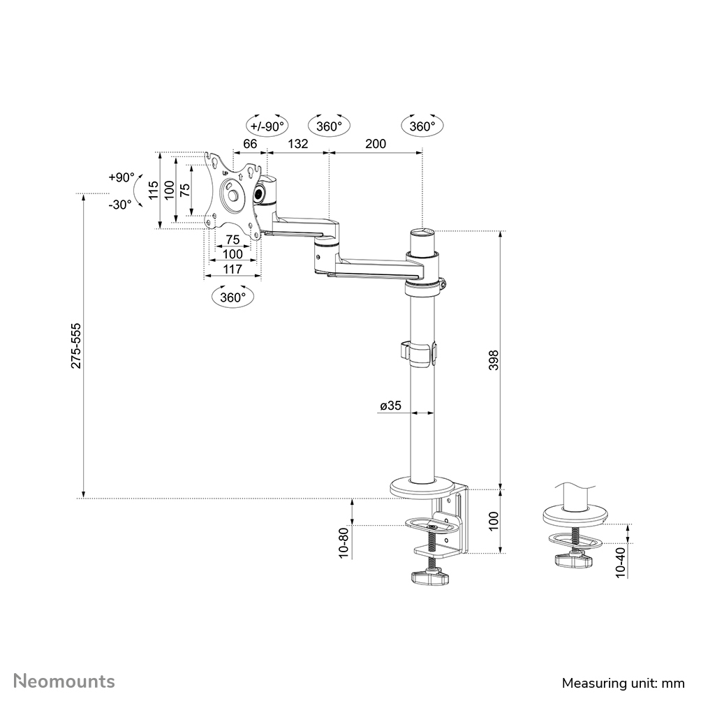 Neomounts Monitor-Tischhalterung - Klemme /Bolzen - 8 kg - 43,2 cm (17") - 68,6 cm (27") - 100 x 100 mm - Weiß