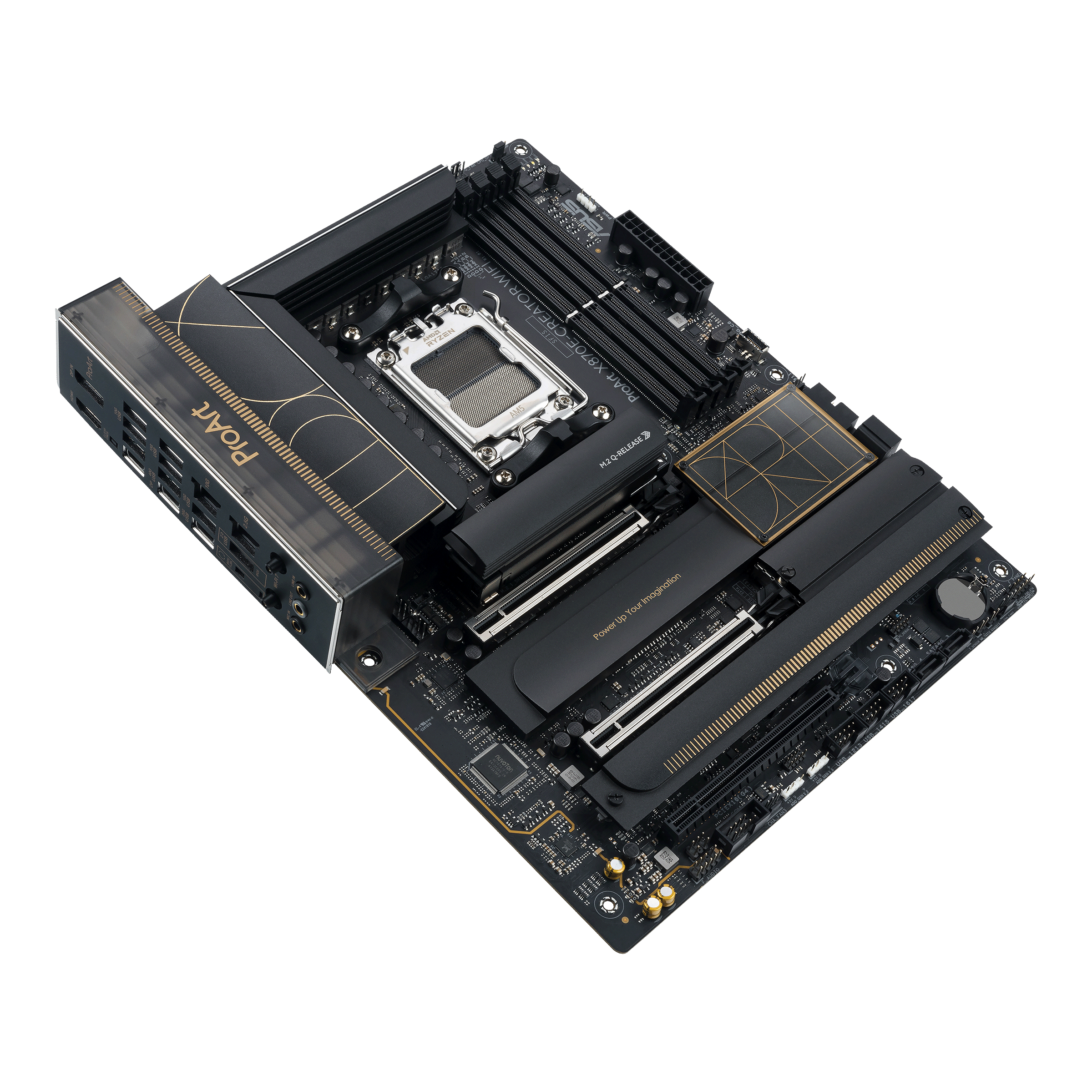 Mainboard, schwarze Platine, AM5-Sockel, DDR5-Steckplätze, PCIe-Steckplätze
