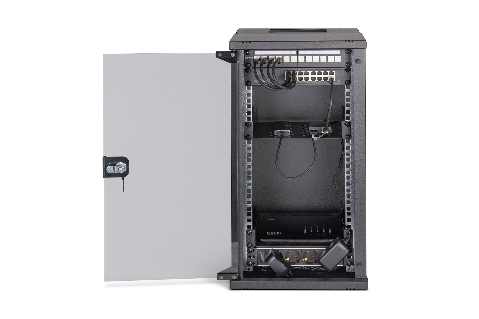 Netzwerk-Schranksystem, Serverrack, Patchpanel, Verlängerungskabelleiste, Kabelmanagement