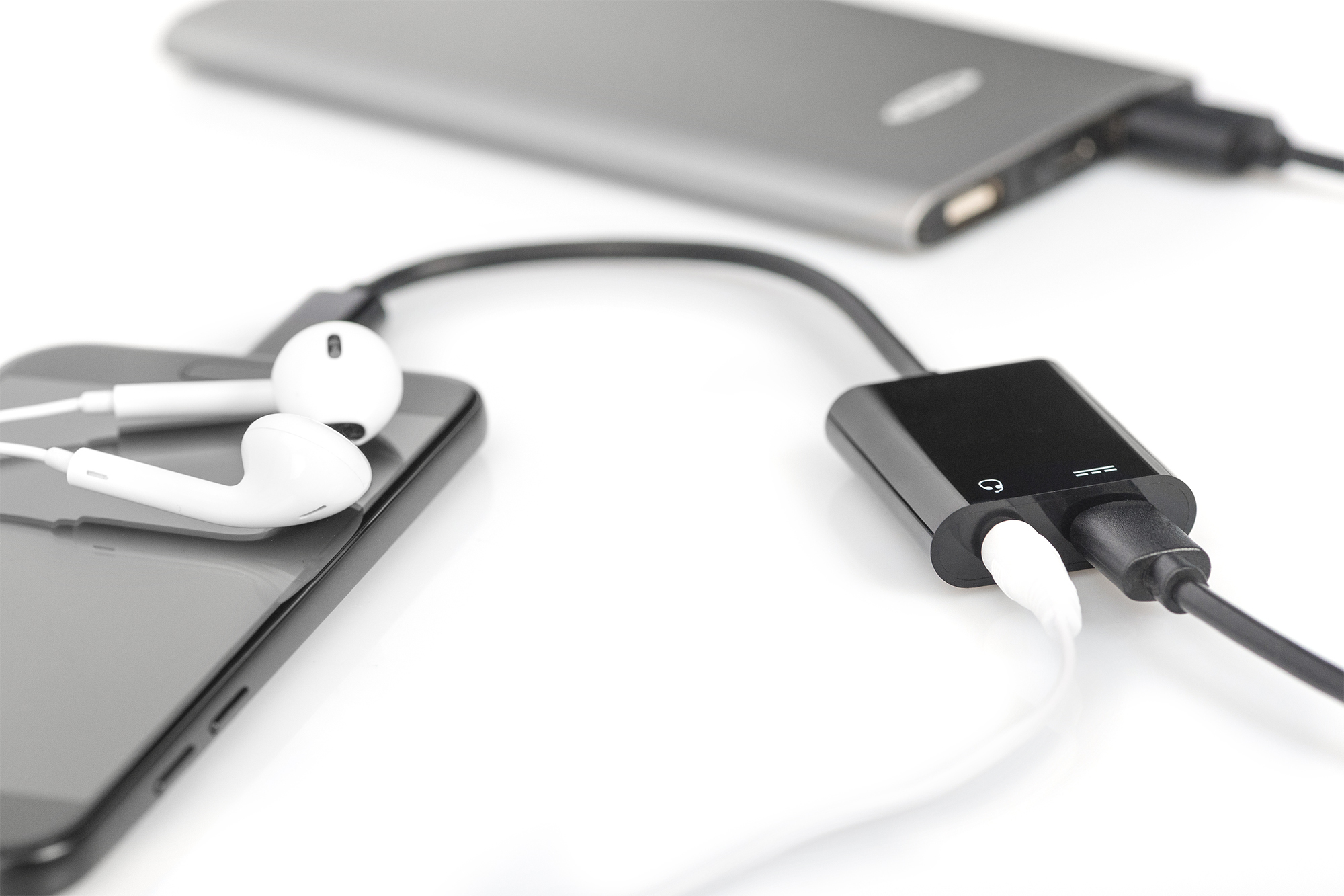 smartphone, earphones, charging cable, usb adapter, power bank