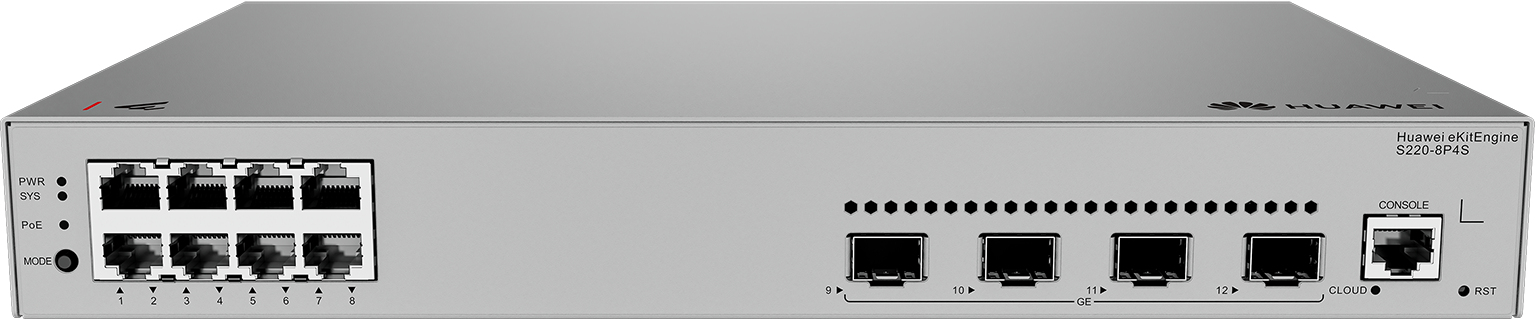 HUAWEI Switch S220-8P4S (8*10/100/1000BASE-T ports, 125 W poE+), 4*GE SFP ports, AC power) HUAWEI Switch S220-8P4S (8*10/100/1000BASE-T ports, 125 W poE+), 4*GE SFP ports, AC power)