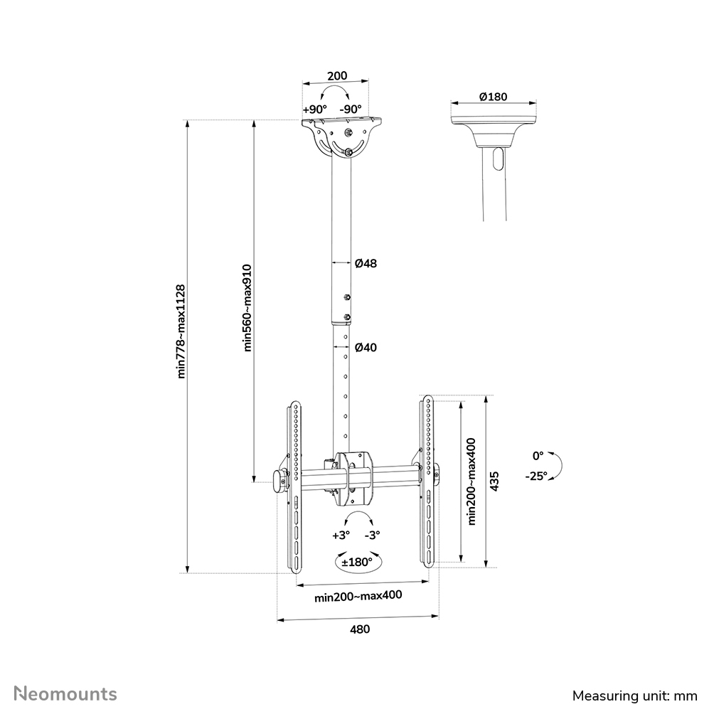 Neomounts Select Monitor-Deckenhalterung - 50 kg - 81,3 cm (32") - 152,4 cm (60") - 200 x 200 mm - 400 x 400 mm - 560 - 940 mm