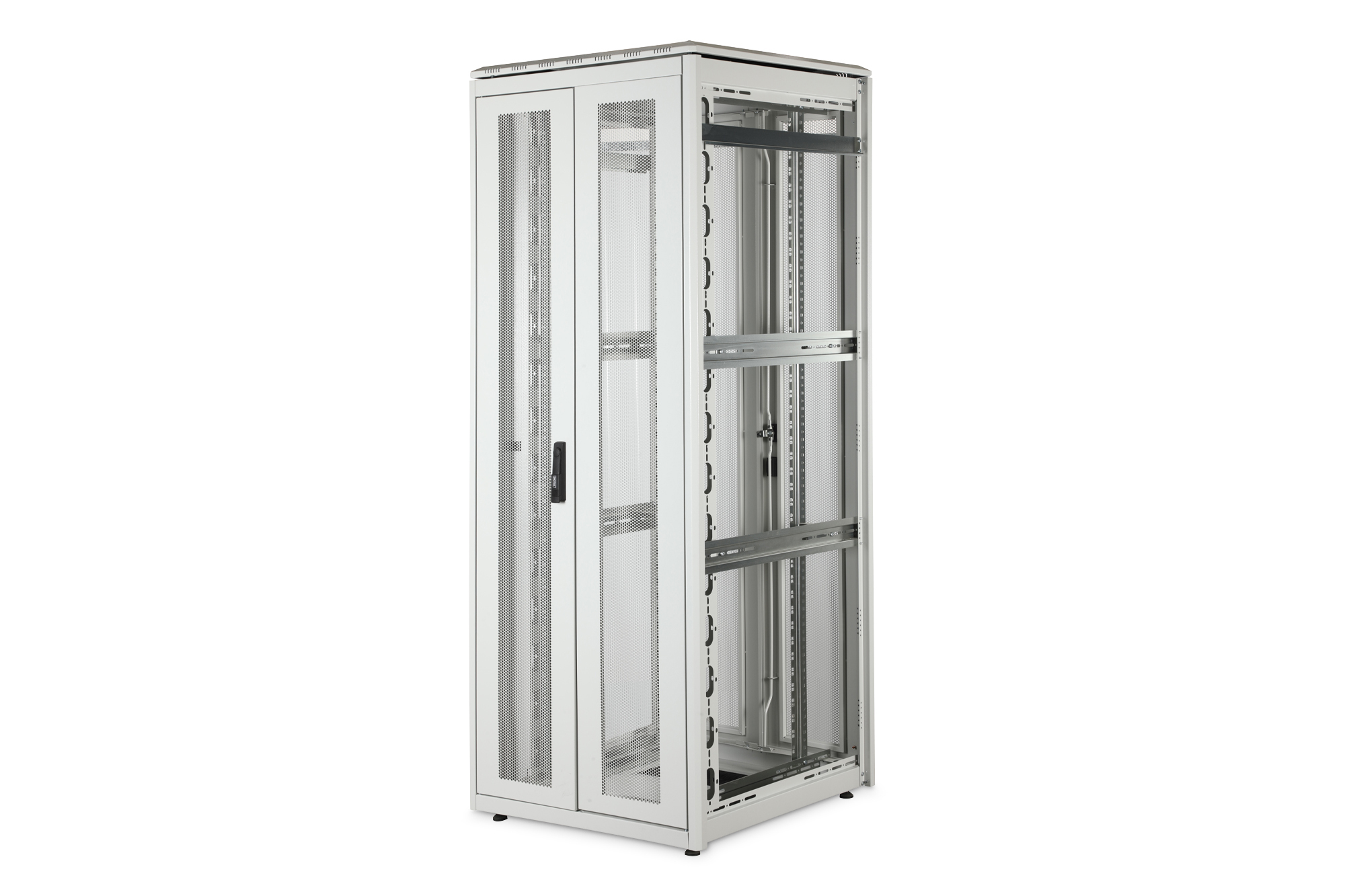 Serverrack, Metallgehäuse, Netzwerk-Schrank, Perforierte Türen, vertikale Schienen