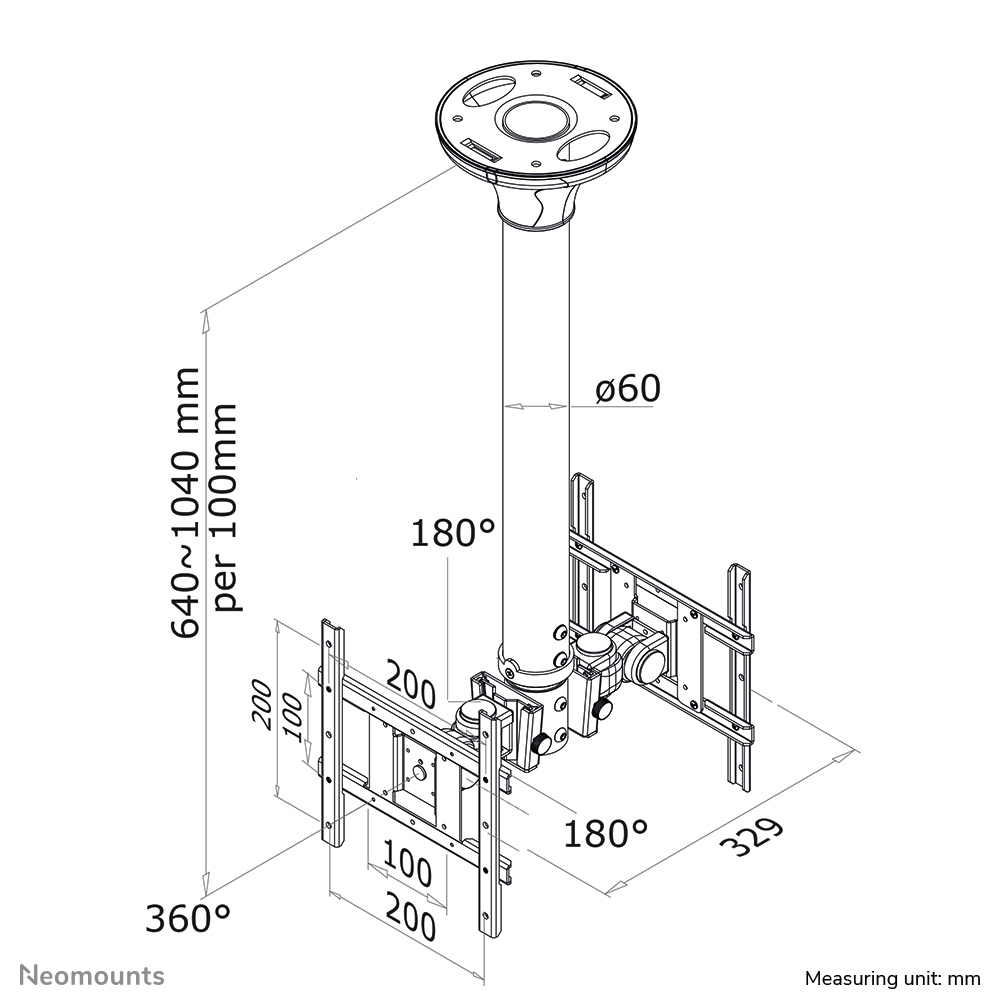 Neomounts Monitor-Deckenhalterung - 10 kg - 25,4 cm (10") - 101,6 cm (40") - 75 x 75 mm - 200 x 200 mm - 640 - 1040 mm