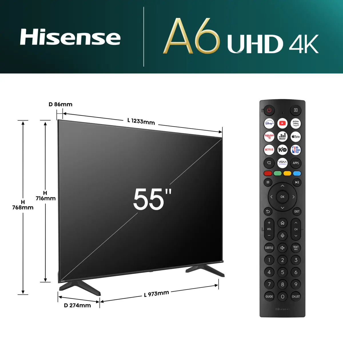 55-Zoll-Fernseher, 4K UHD, Hisense-Fernseher, schwarzer Bildschirm, Fernbedienung