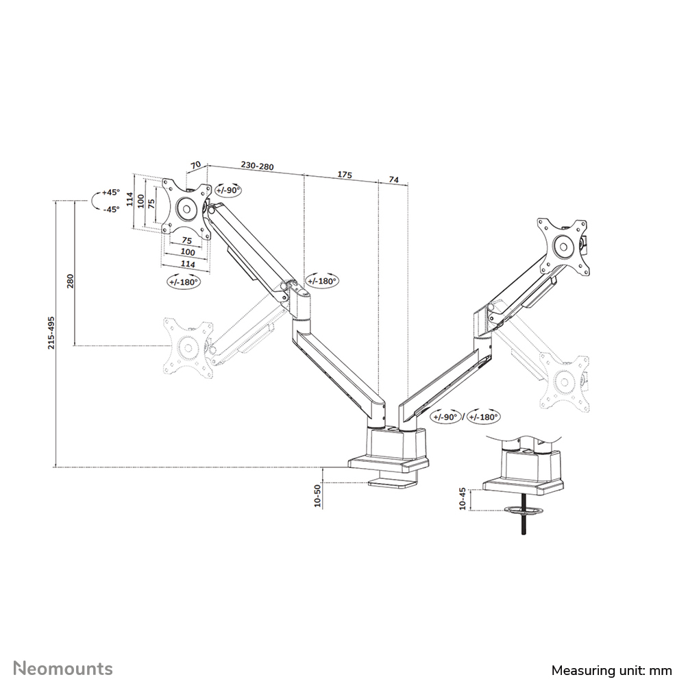 monitorarm, doppelmonitorarm, gelenkarm, befestigungsarm, messung mm