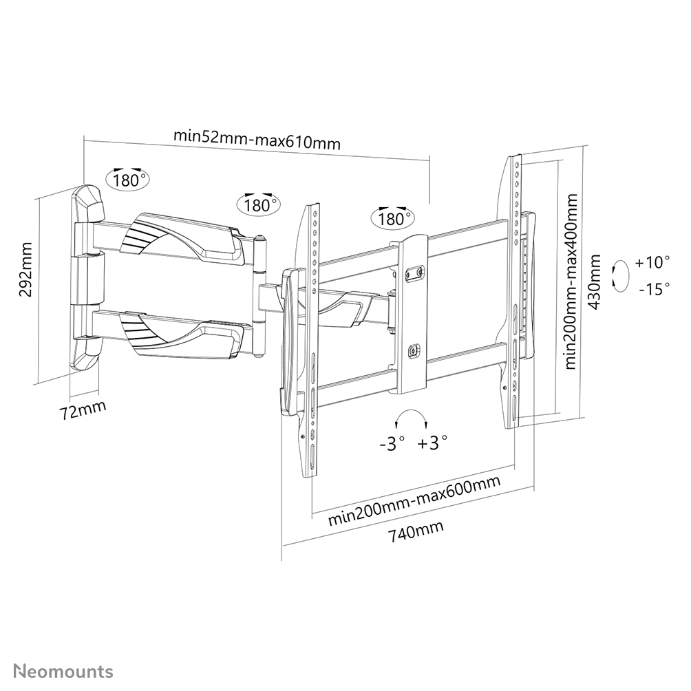 Neomounts Select Monitor-Wandhalterung - 152,4 cm (60 Zoll) - 200 x 200 mm - 600 x 400 mm - 0 - 25 Grad  - 6 Grad  - Schwarz