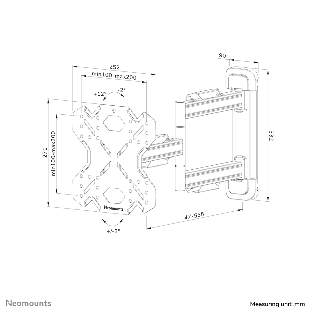 monitorhalterung, wandhalterung, schwenkarm, VESA kompatibel, messdiagramm