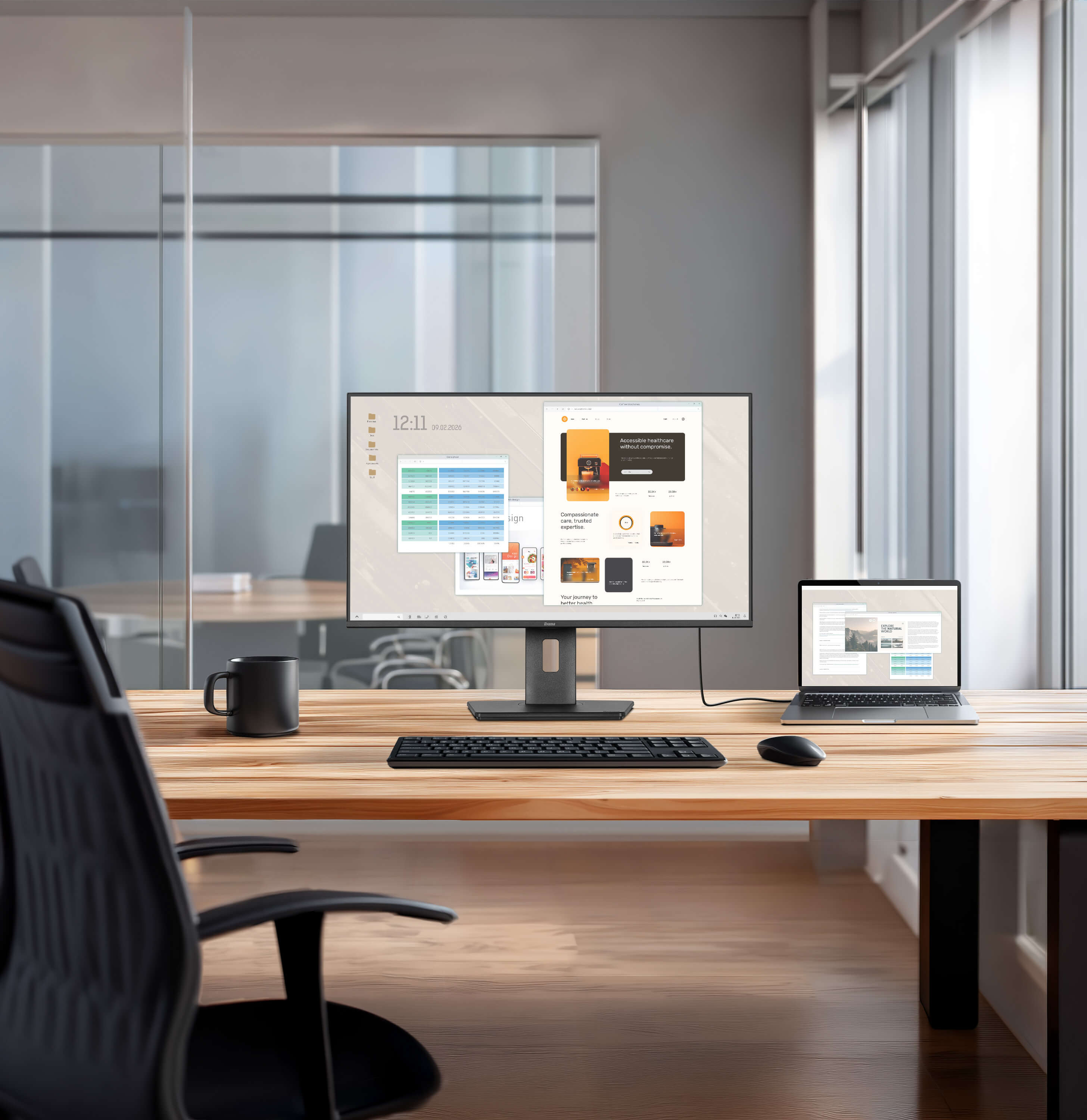Schreibtisch, Monitor, Laptop, Arbeitsplatz, Kaffeemug