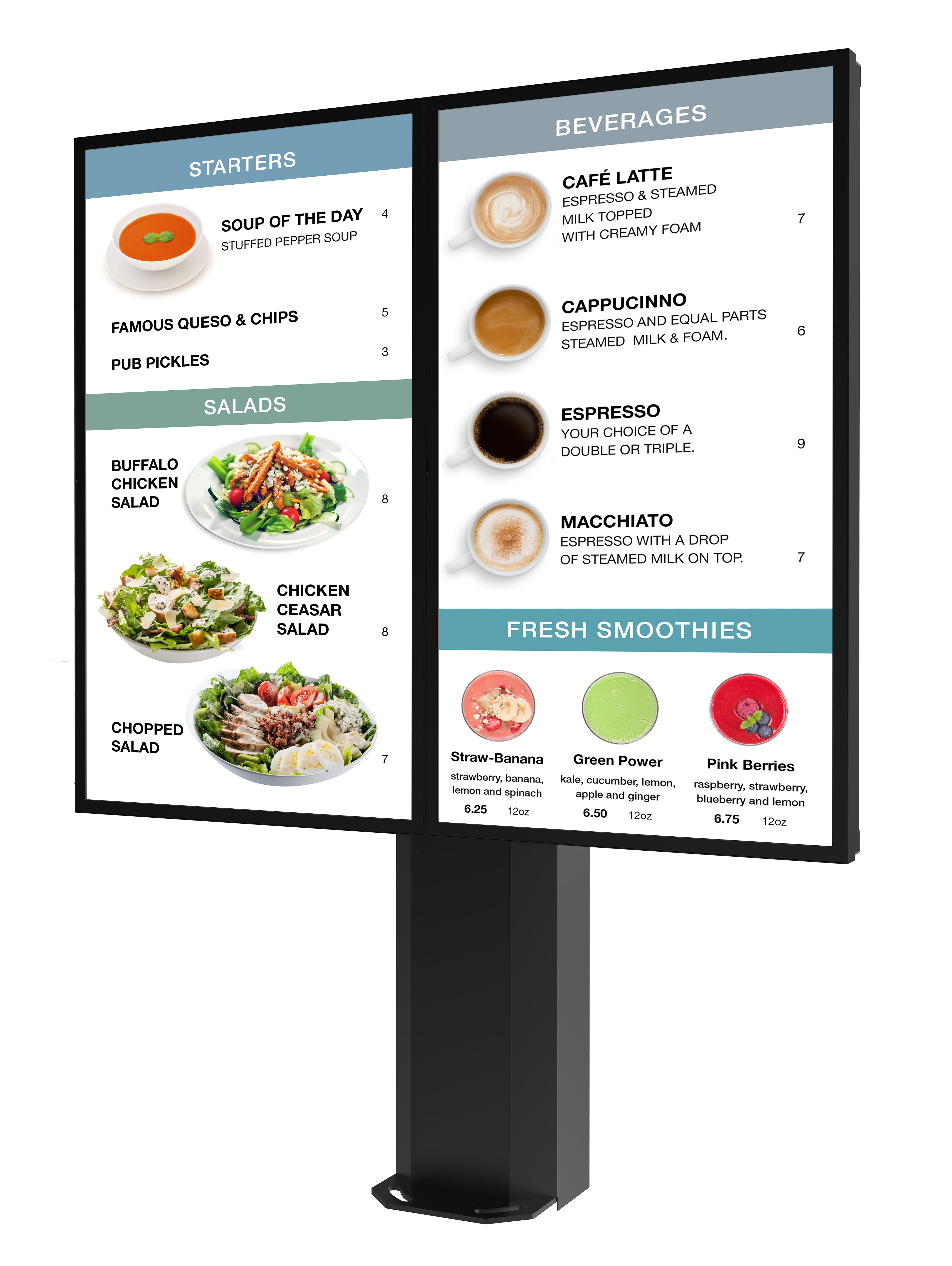 Peerless-AV Outdoor Portrait Digital Signage Menu Board Kiosk KOF555-2-LGE-EUK Text, Speisekarte, Getränk, Kaffee, Kaffeetasse