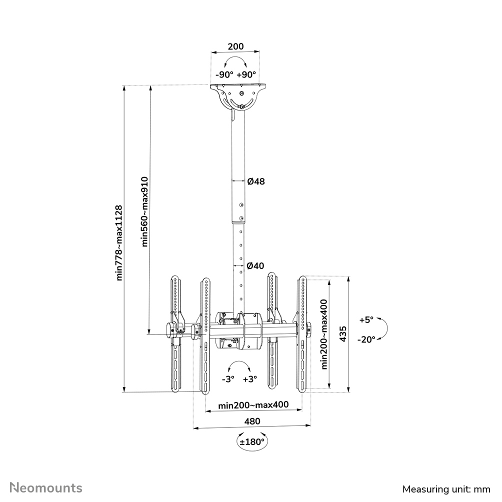Neomounts Select Monitor-Deckenhalterung - 45 kg - 81,3 cm (32 Zoll) - 152,4 cm (60 Zoll) - 200 x 200 mm - 400 x 400 mm - 560 - 940 mm