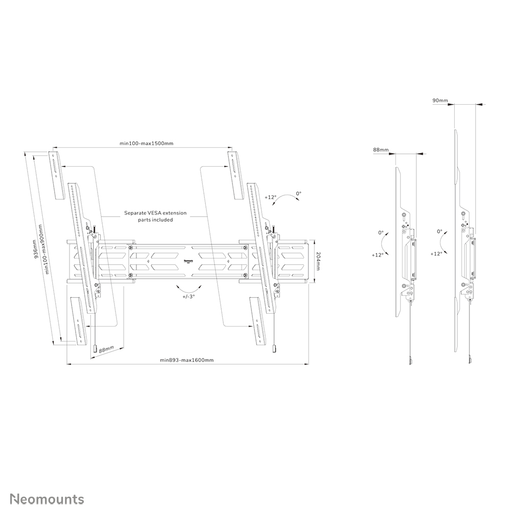 Neomounts Select Schwerlast-TV-Wandhalterung - 160 kg - 139,7 cm (55 Zoll) - 2,79 m (110 Zoll) - 1500 x 900 mm - Höhenverstellung - Schwarz