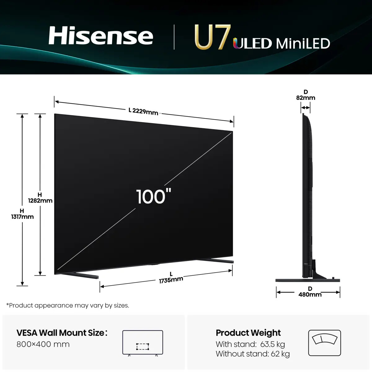 100-Zoll-Fernseher, ULED-Mini-LED, Hisense-Fernseher, schwarzer Bildschirm, Wandhalterung 800×400 mm