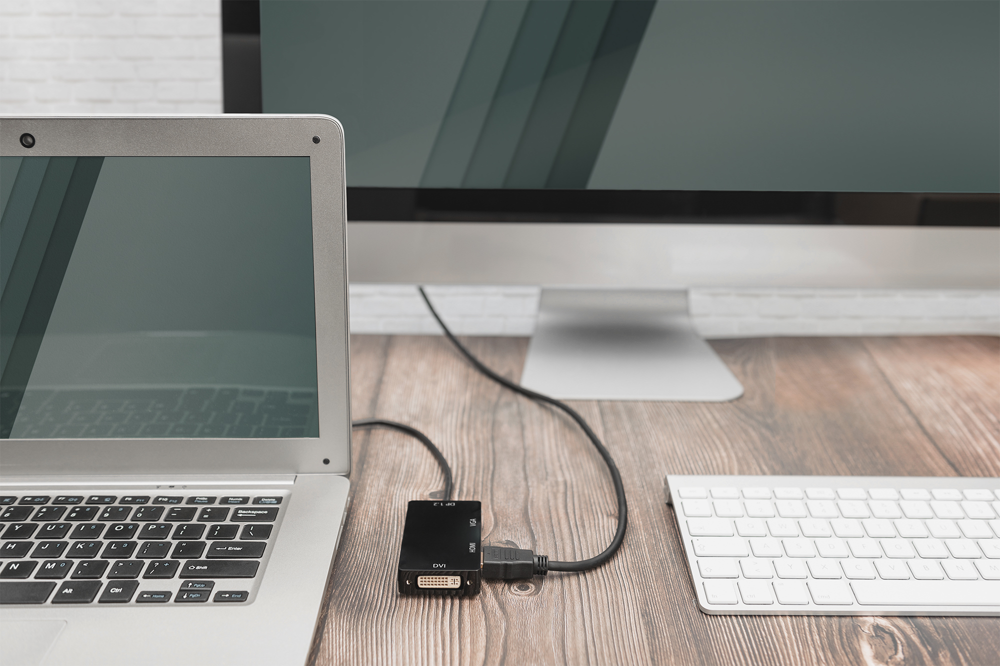 laptop, laptop screen, desk setup, HDMI adapter, keyboard