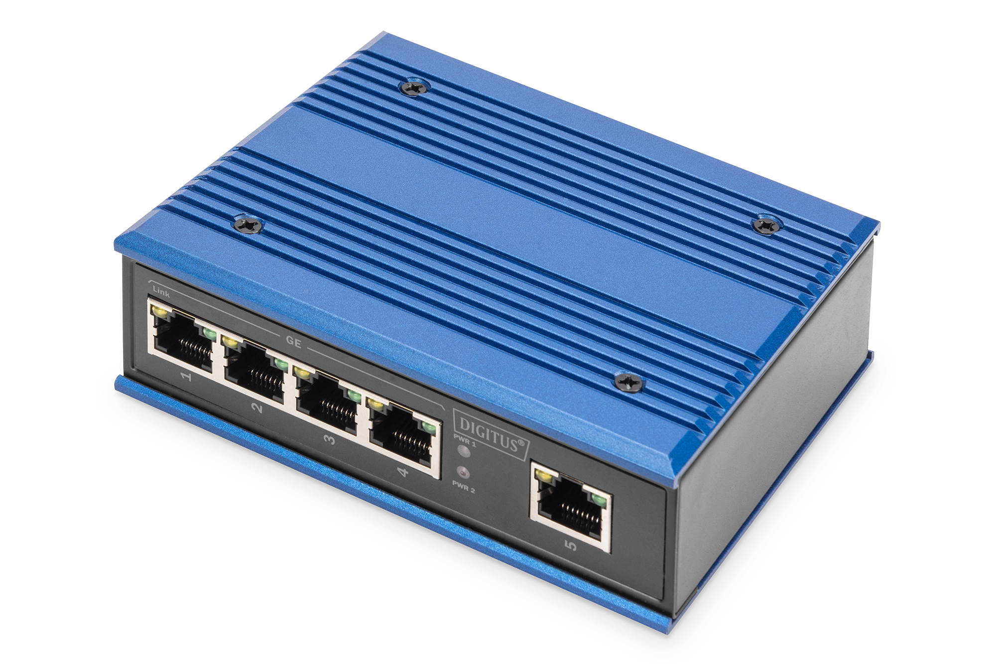 Netzwerk-Switch, RJ45-Ports, Ethernet-Switch, Industrie-Aluminium, blaues Gehäuse