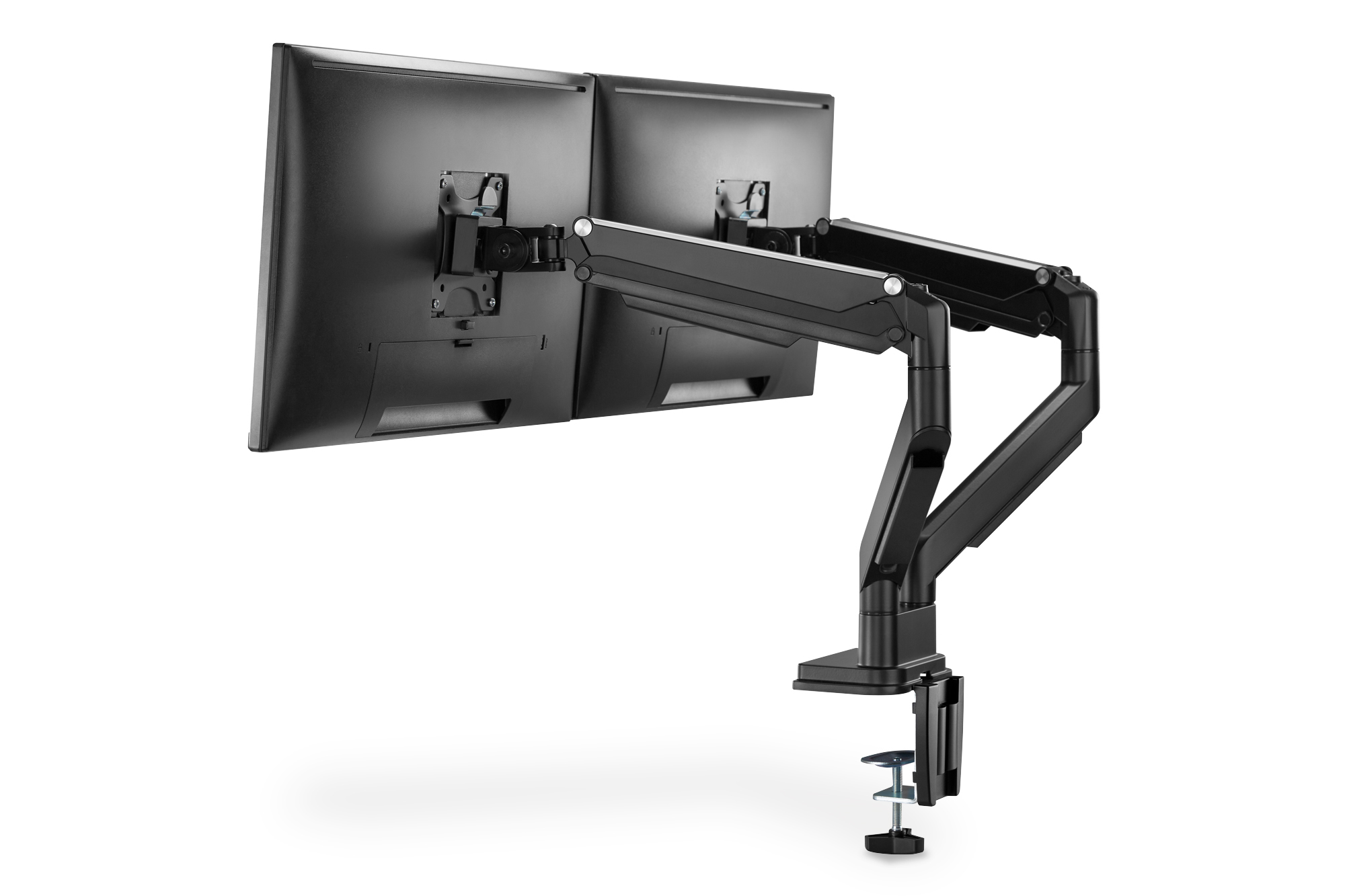 monitor arm,  dual monitor,  adjustable arm,  black color,  mounting clamp