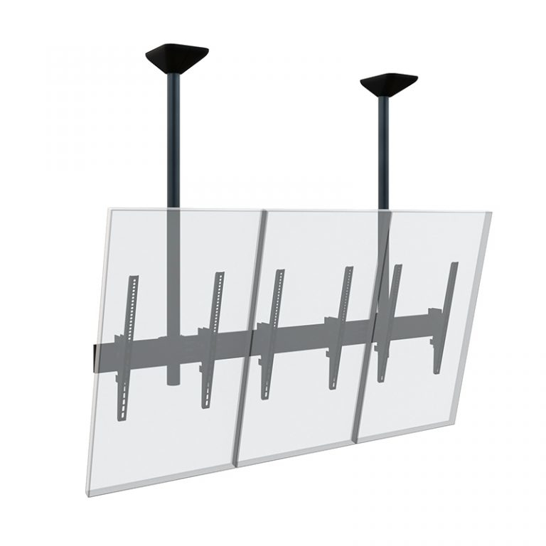 TV-Deckenhalterung, Doppelhalterung, Glasblende, schwarzes Metall, höhenverstellbar