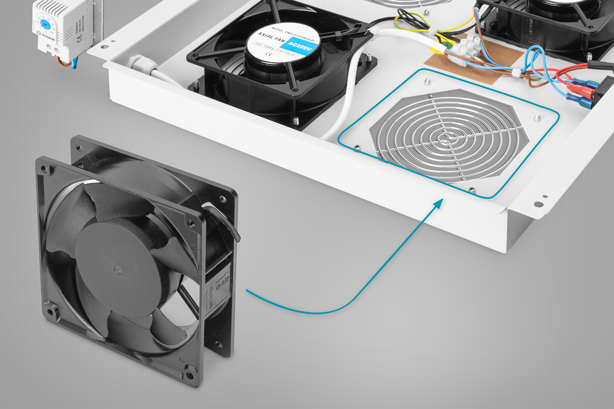 abs blower, cooling fan, server PSU, metal enclosure, airflow duct