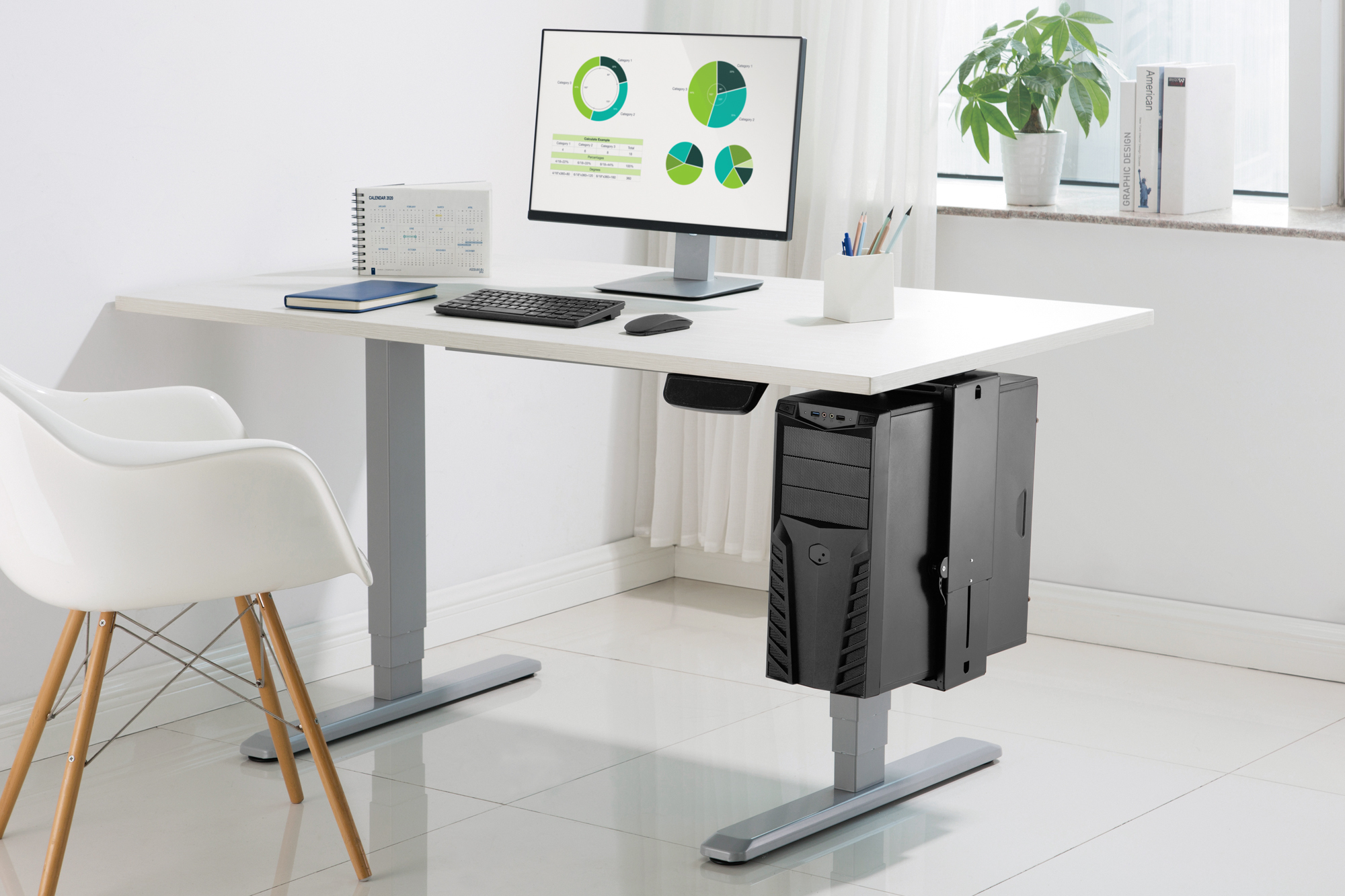 Schreibtisch, PC-Standfuß, Desktop-Computer, Monitor, Büro-Setup