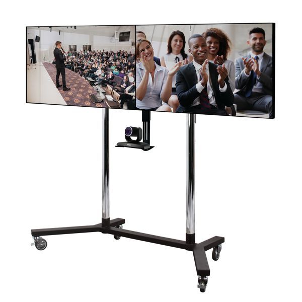 B-TECH SystemX Videokonferenz Rollständer für Dual-Displays nebeneinander mit Kameraablage (VESA 600