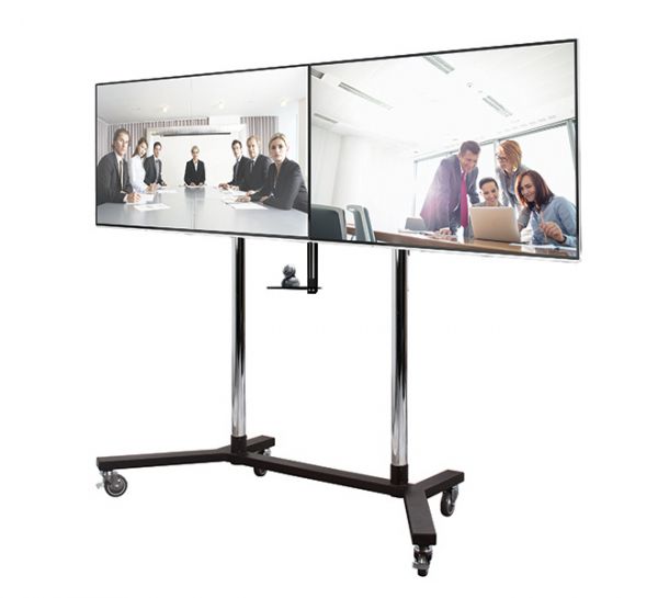 B-TECH SystemX Videokonferenz Rollständer für Dual-Displays nebeneinander mit Kameraablage (VESA 600