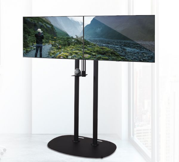 B-TECH SystemX Videokonferenz Standfuß für Dual-Displays nebeneinander mit Kameraablage (VESA 400x4