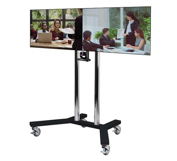 B-TECH SystemX Videokonferenz Rollständer für Dual-Displays nebeneinander mit Kameraablage (VESA 400